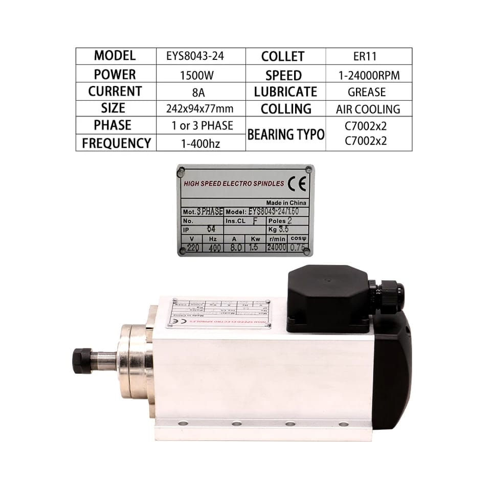 Thumbnail: 1 SET 1.5 kw 110v/220v/380V 24000rpm air cooled cnc spindle motor+ white VFD