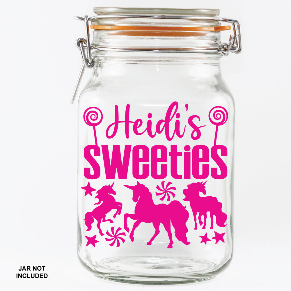 unicorn sweet jar vinyl decal personalised name sweeties sticker for kids gift jar party favours