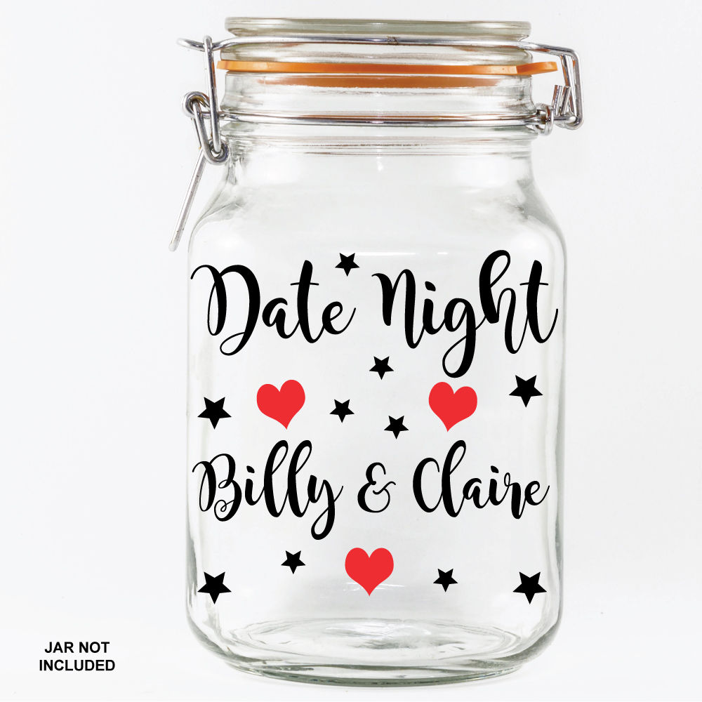 Personalised date night ideas jar vinyl decal couples names romantic love jar sticker with hearts