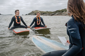 Wedding Vows promises on surfboards, Water Wedding, Humanist Wedding Ceremony, Elopement, Micro Wedding, beach wedding,
Surf-Inspired Beach Wedding Louisa Jane Fearnley Humanist Wedding Celebrant, Porth Beach, Cornwall, Feet in the water
Local Cornish Flower Lei wild nature eco wedding Married in the sea surfing
Valentina hair and makeup up emma Jaynes garden