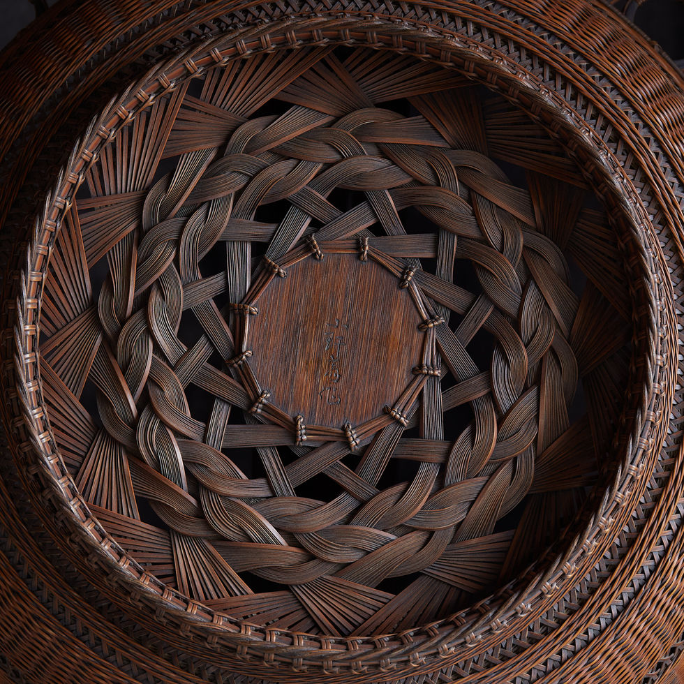 Bottom view of bamboo tray showing signature by Iizuka Shokansai for 1951 national Nitten exhibition