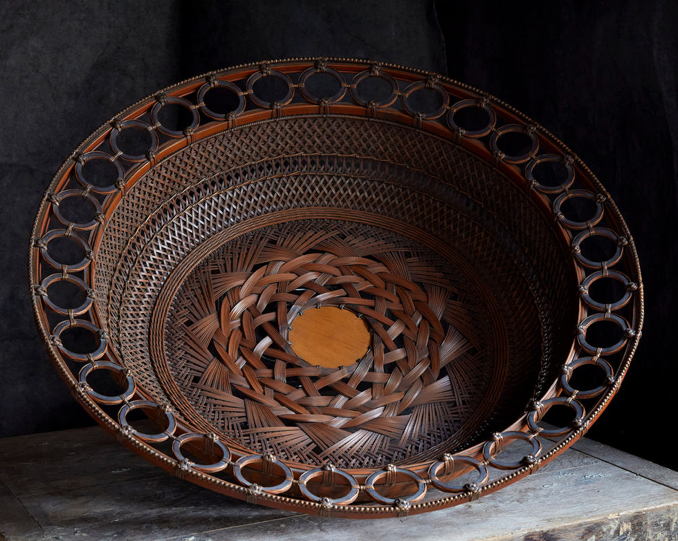 Angled view of bamboo tray by Iizuka Shokansai for 1951 national Nitten exhibition