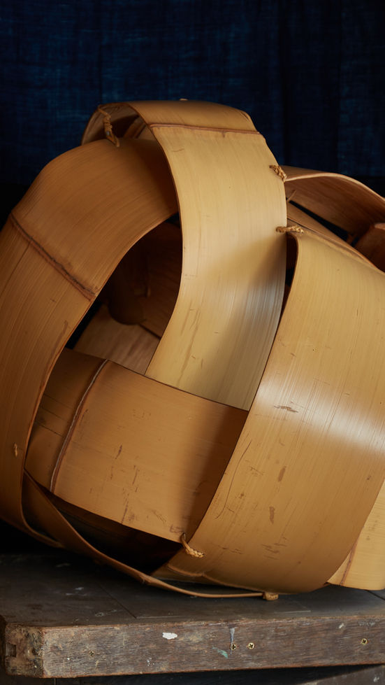 Handmade modern flower basket of broad bamboo by Yagisawa Keizo