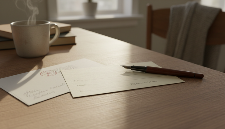 Close-up view of a newsletter signup card next to a stamped envelope