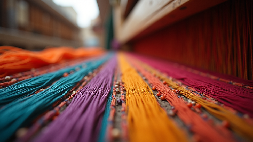 Eye-level view of a traditional Indian loom with colorful threads