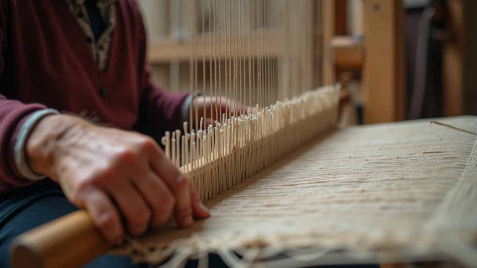 Close-up view of artisan weaving traditional fabric on a loom