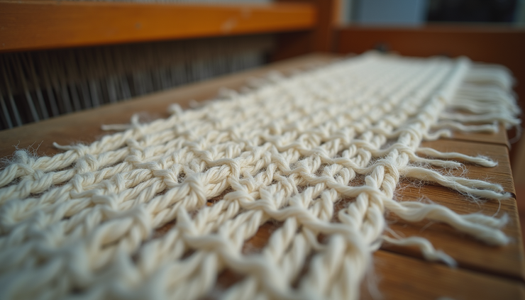 Eye-level view of artisan weaving fabric on a traditional loom