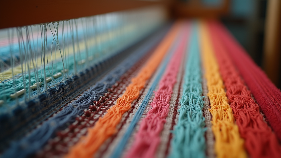Close-up view of handloom weaving with colorful threads