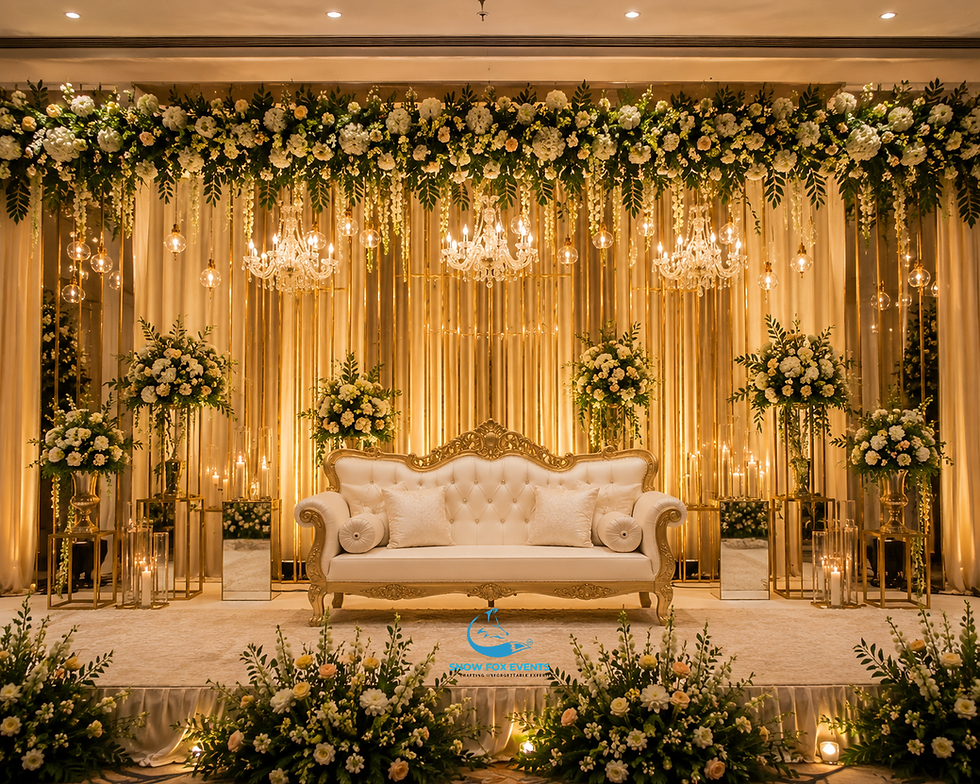 Elegant wedding reception stage featuring a white tufted sofa, warm golden lighting, cascading floral arrangements, crystal chandeliers, and luxurious decor.