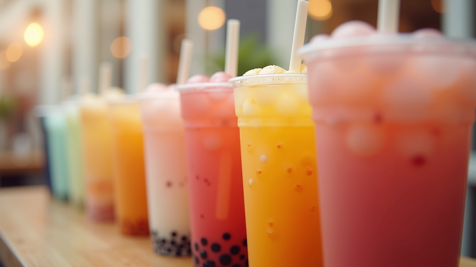 Close-up view of colorful bubble tea with tapioca pearls