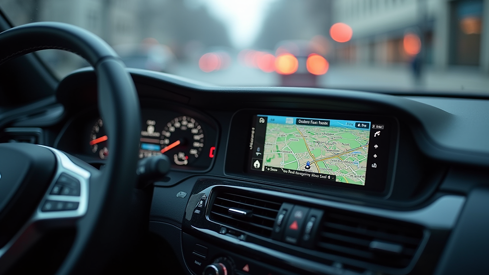 Close-up of a car dashboard with GPS showing Oslo city map