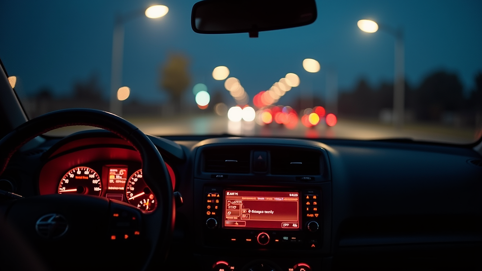 Eye-level view of a car dashboard illuminated at night