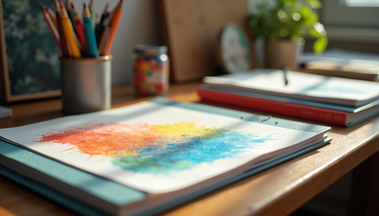 Eye-level view of a cozy workspace with colorful art supplies and sketchbooks