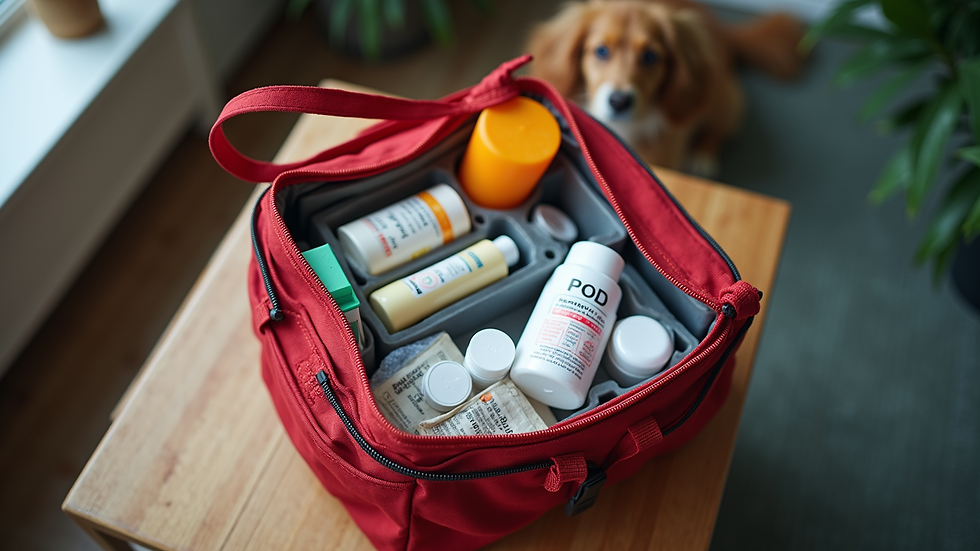 High angle view of a pet first aid kit with essential supplies