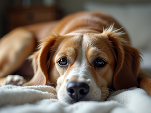 A senior dog lying on a blanket