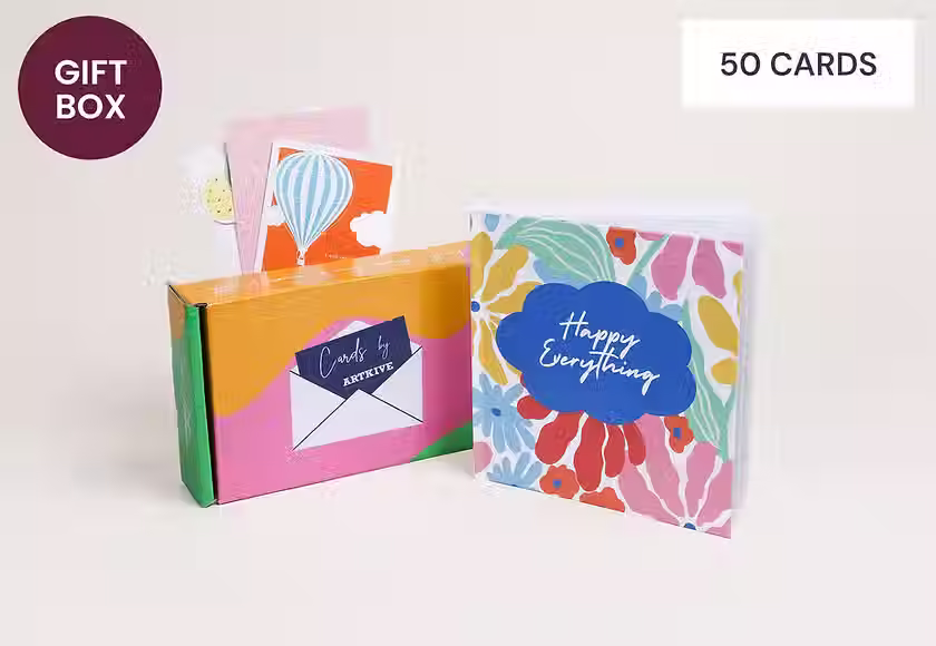 Colorful greeting card gift box set with 50 cards and a ‘Happy Everything’ keepsake book for preserving special memories