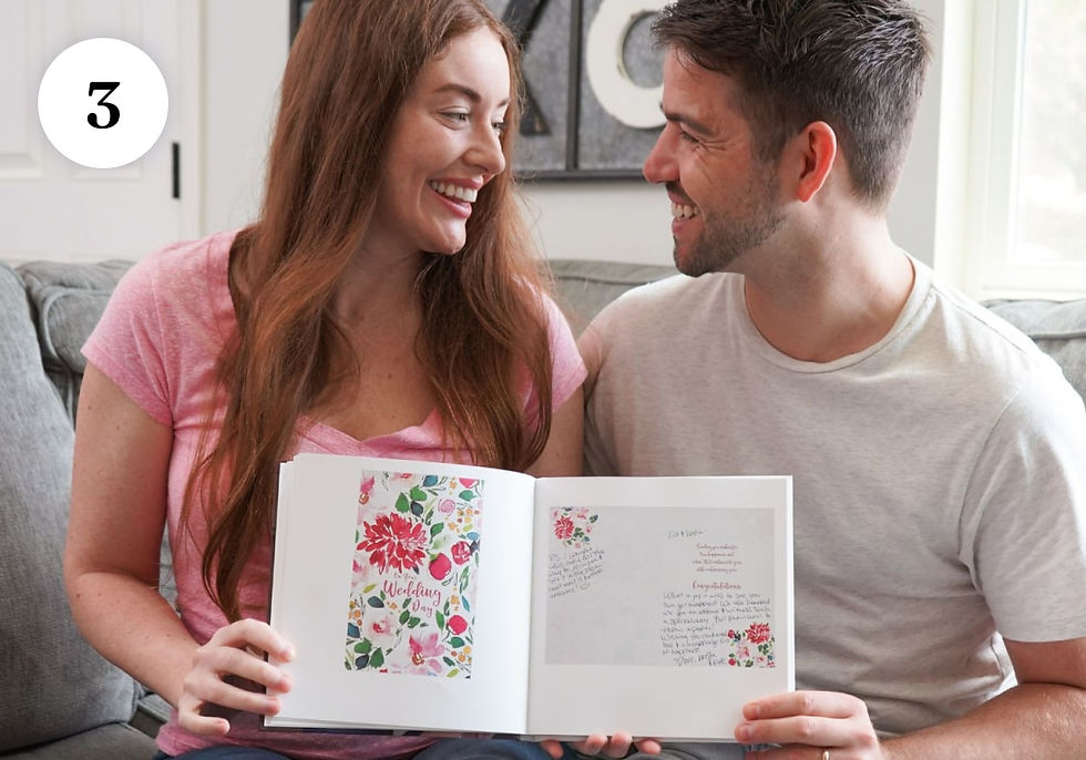 Happy couple sitting together and flipping through their Artkive wedding cards keepsake book