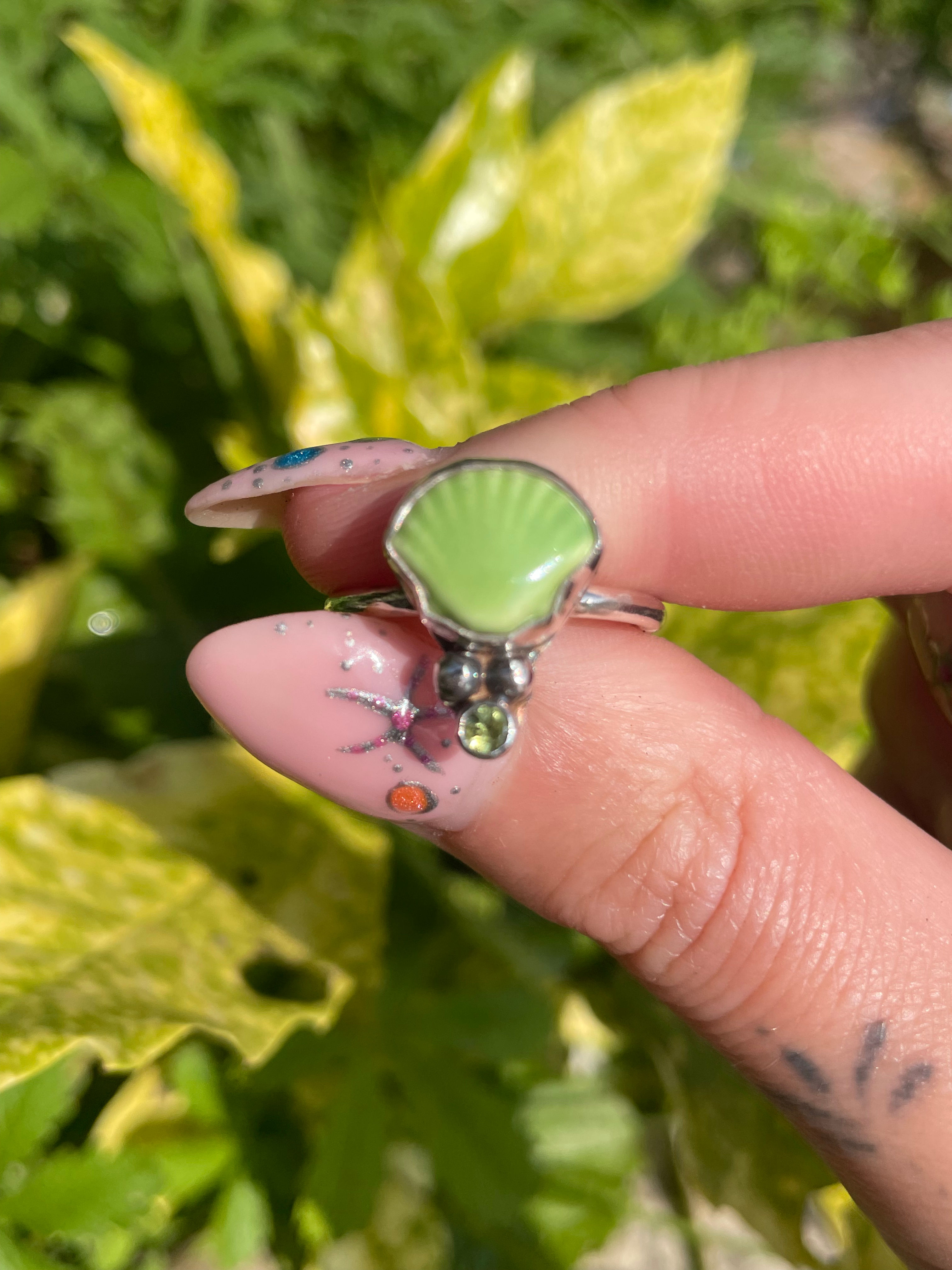 NAIL SALE Green Shell & Peridot Ring 