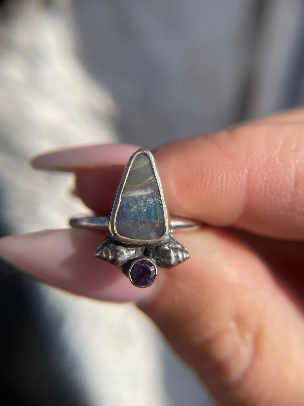 Thumbnail: The Dreamer Ring - Boulder opal and amethyst 