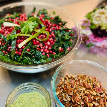 Pomegranate Pecan Kale Salad with Charred Scallion Dressing