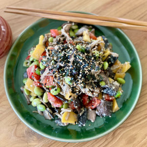 Ginger Lime Noodle Bowl with Roasted Eggplant & Mango