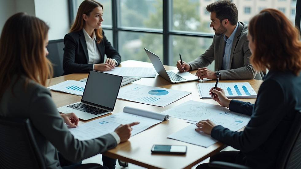 High angle view of a business meeting with charts and laptops on the table