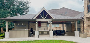Custom outdoor kitchen construction in Katy, Houston, Cypress, Tomball, and The Woodlands, Texas. Featuring a built-in grill, stone countertop, and weatherproof cabinetry for year-round entertaining.