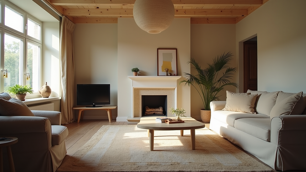 Eye-level view of a cozy living room undergoing renovation
