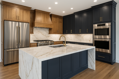 Open-concept kitchen renovation in Katy, Houston, Cypress, Tomball, and The Woodlands, Texas, featuring a large marble island, dark blue cabinets, gold hardware, and stainless steel appliances. Modern kitchen design.