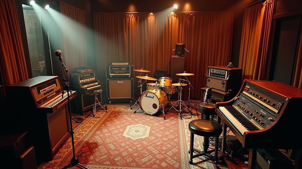 High angle view of a recording studio with vintage instruments