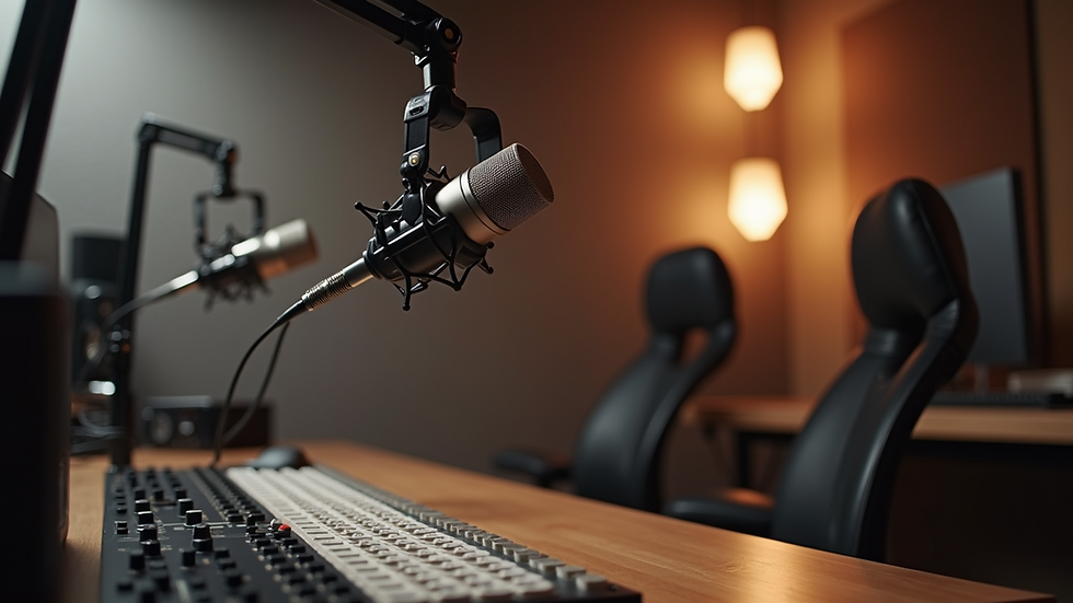 Eye-level view of a modern podcast studio with microphones and soundproof walls