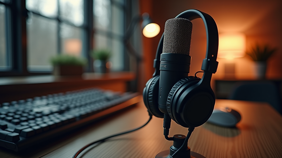 Close-up view of a podcast microphone and headphones on a studio desk