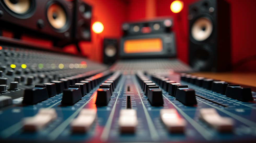 Eye-level view of a modern recording studio mixing console