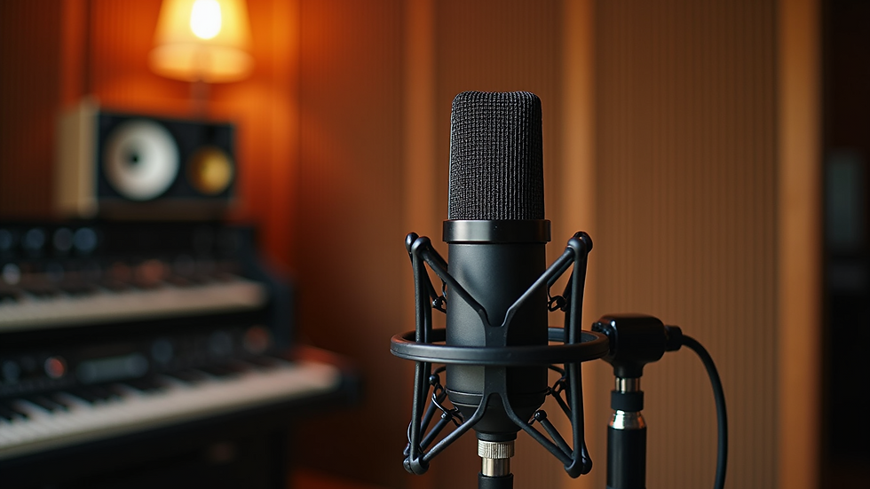 Close-up view of a microphone setup in an Austin recording studio