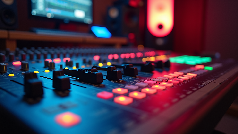 Close-up view of a mixing console with colorful LED lights in an Austin studio