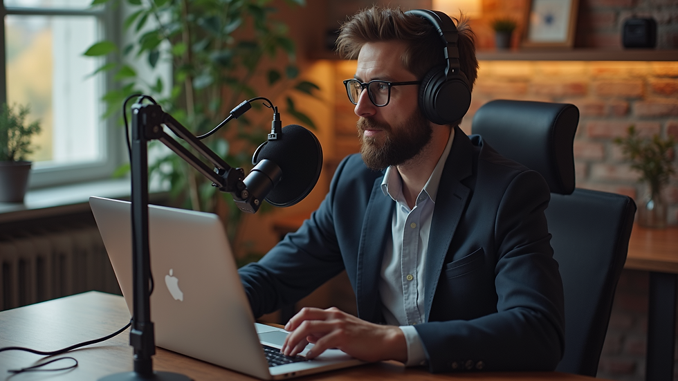 High angle view of a podcast host sitting at a desk with a laptop and microphone