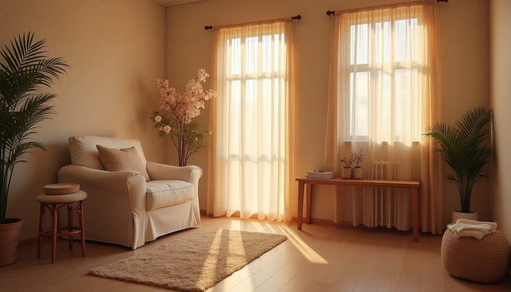 High angle view of a calm therapy room with a comfortable chair and soft lighting