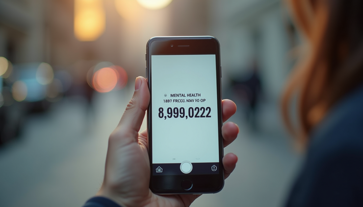 Close-up view of a hand holding a phone with a mental health support hotline on screen