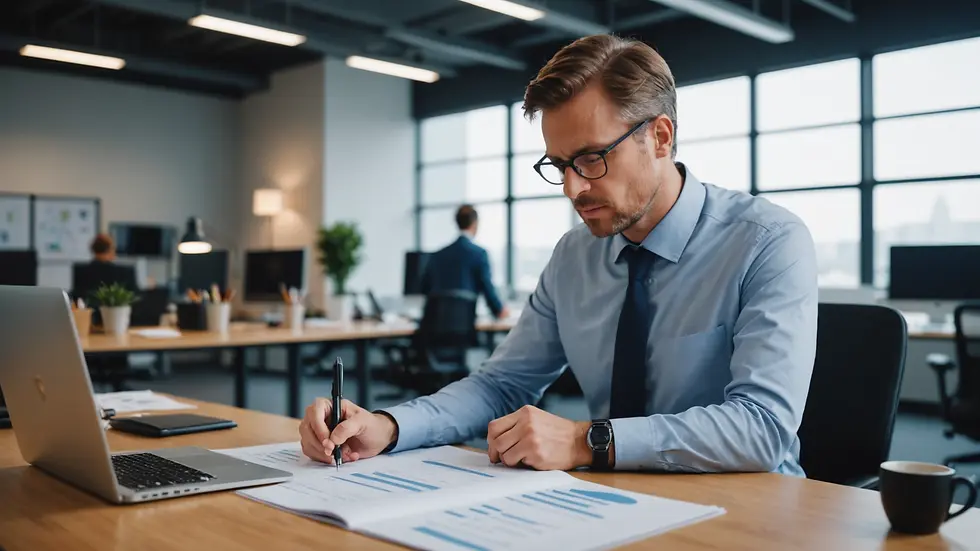 Eye-level view of a manager examining resources in a modern workspace