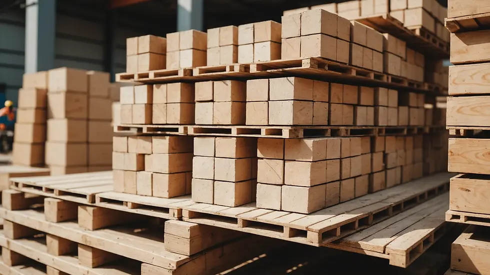 Eye-level view of construction materials stacked on a wooden pallet