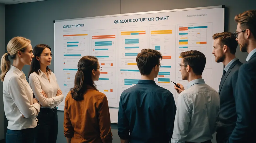 Wide angle view of people discussing over a quality control chart