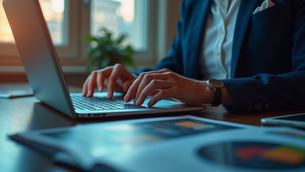 Eye-level view of a professional analyzing risk data on a laptop