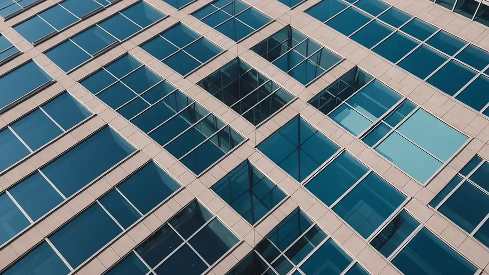 High angle view of office building with windows reflecting the sky