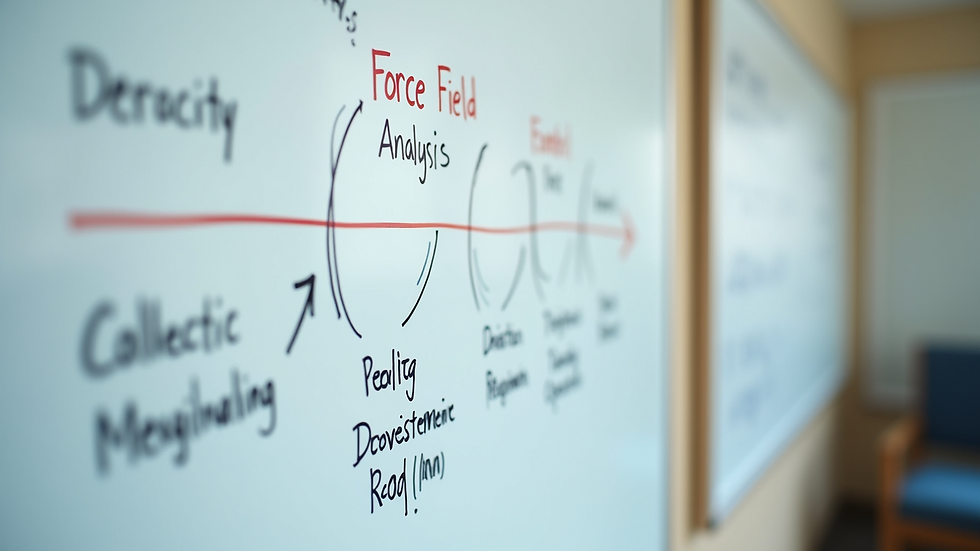 Eye-level view of a whiteboard displaying a Force Field Analysis diagram