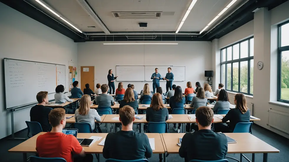 Wide angle view of a training session taking place in a modern classroom setting
