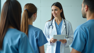 Doctors in white coats discuss at a table in a bright room. A woman holds papers, others listen attentively. Professional and focused mood.