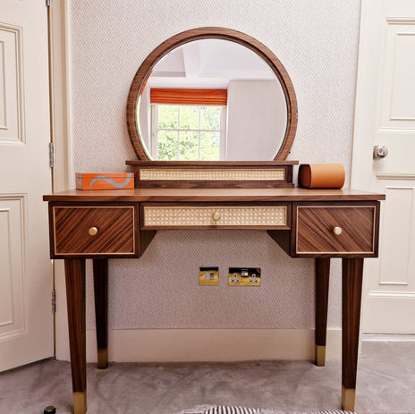 Solid and Veneered Walnut Dressing Table with Brass inlays and Rattan