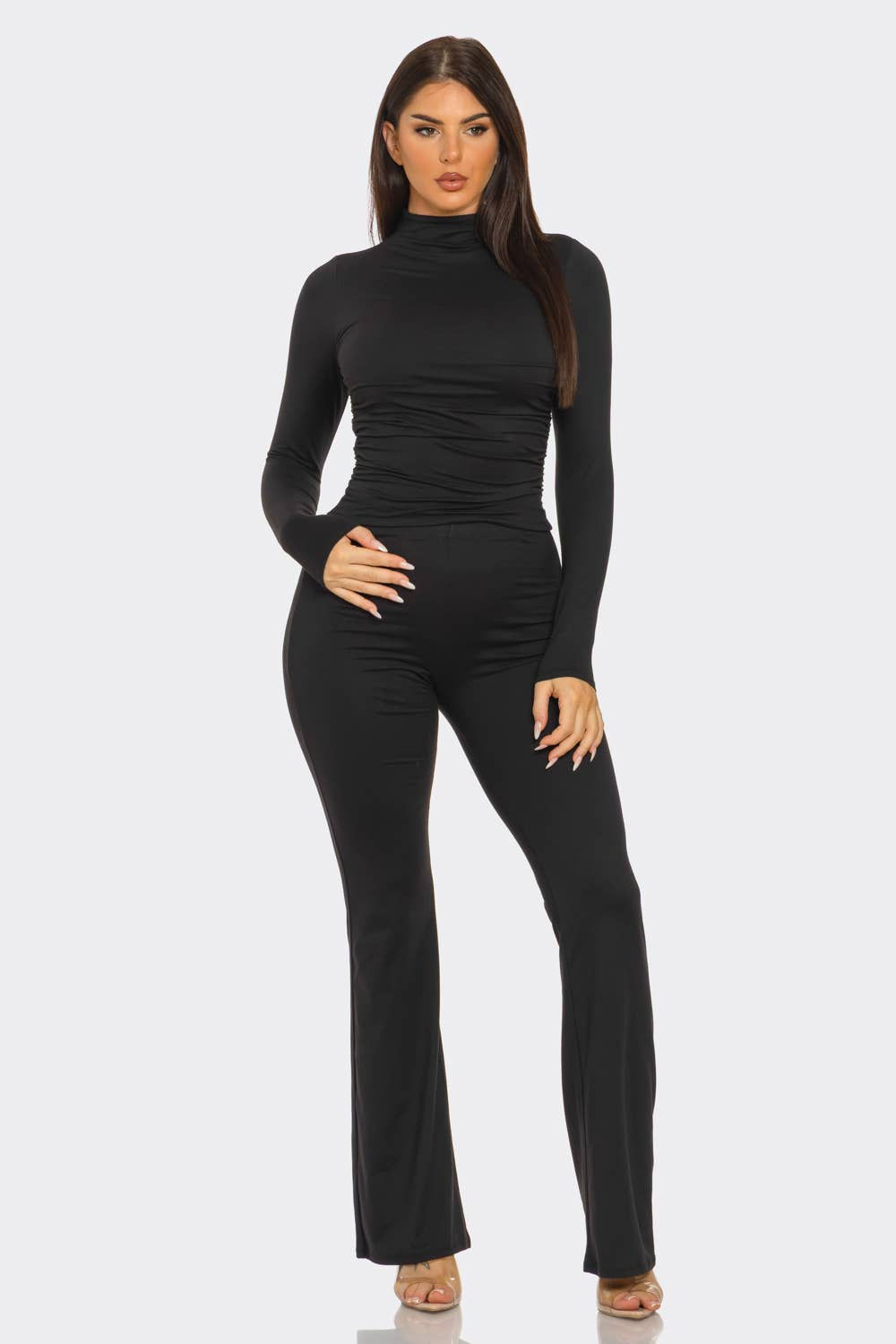 Ella Mock Neck Top with Flare Legged Pants (Black)