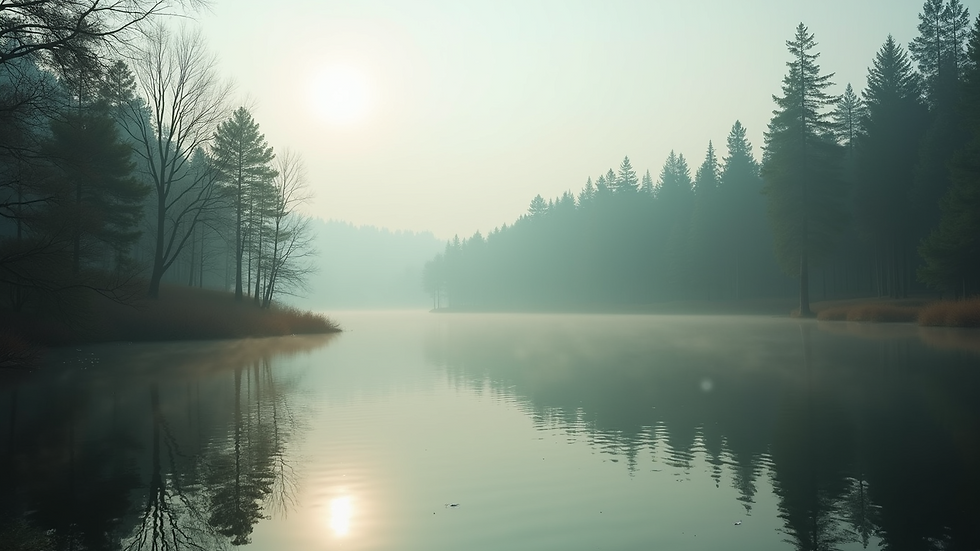 Close-up view of a serene landscape with a calm lake surrounded by trees