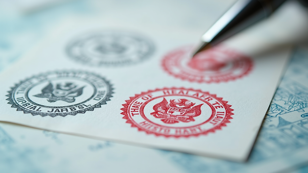 Close-up of a pen marking red and black official stamps on a document, suggesting paperwork or approval.